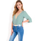 Split Sleeve V-Neck Blouse with Crochet Detail