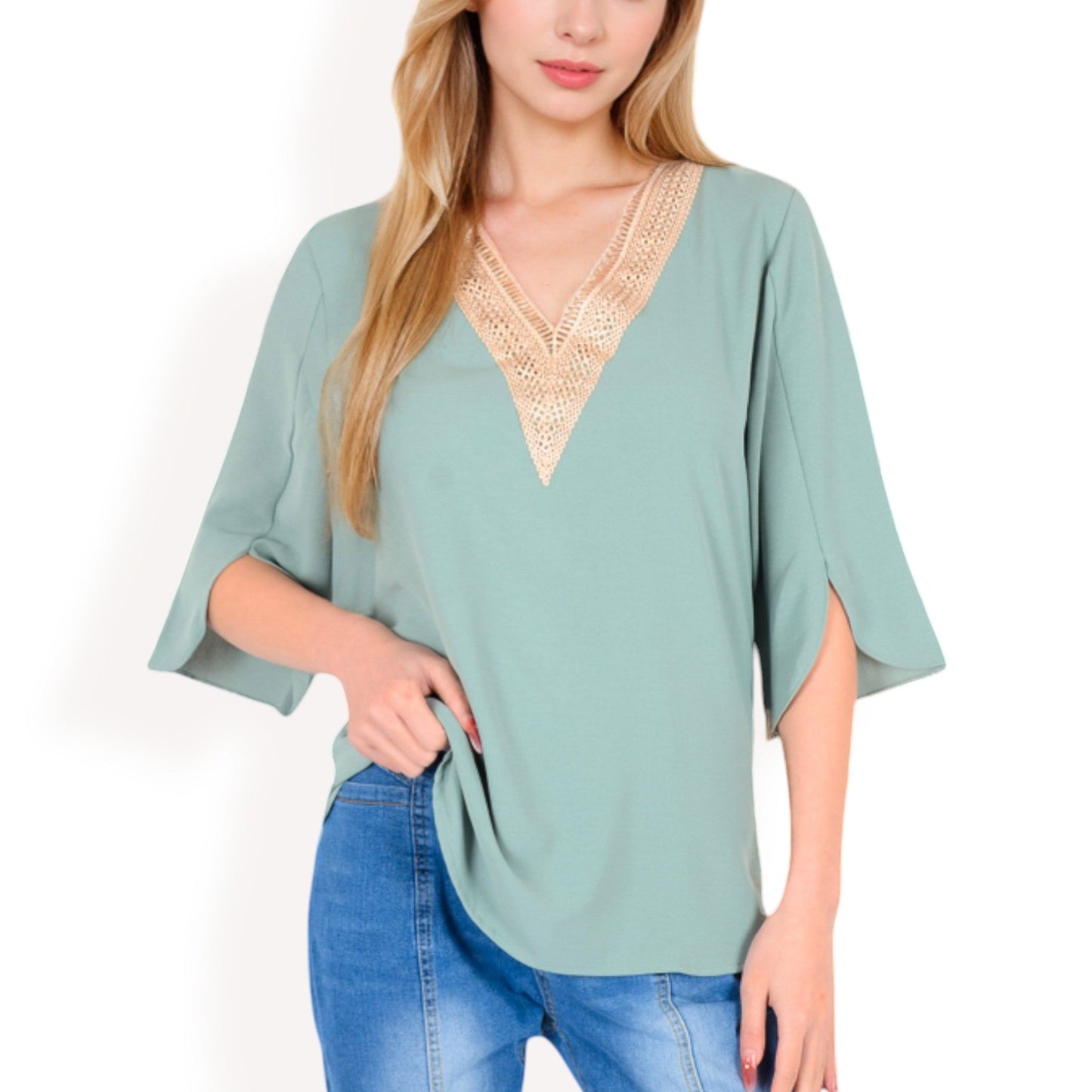 Split Sleeve V-Neck Blouse with Crochet Detail
