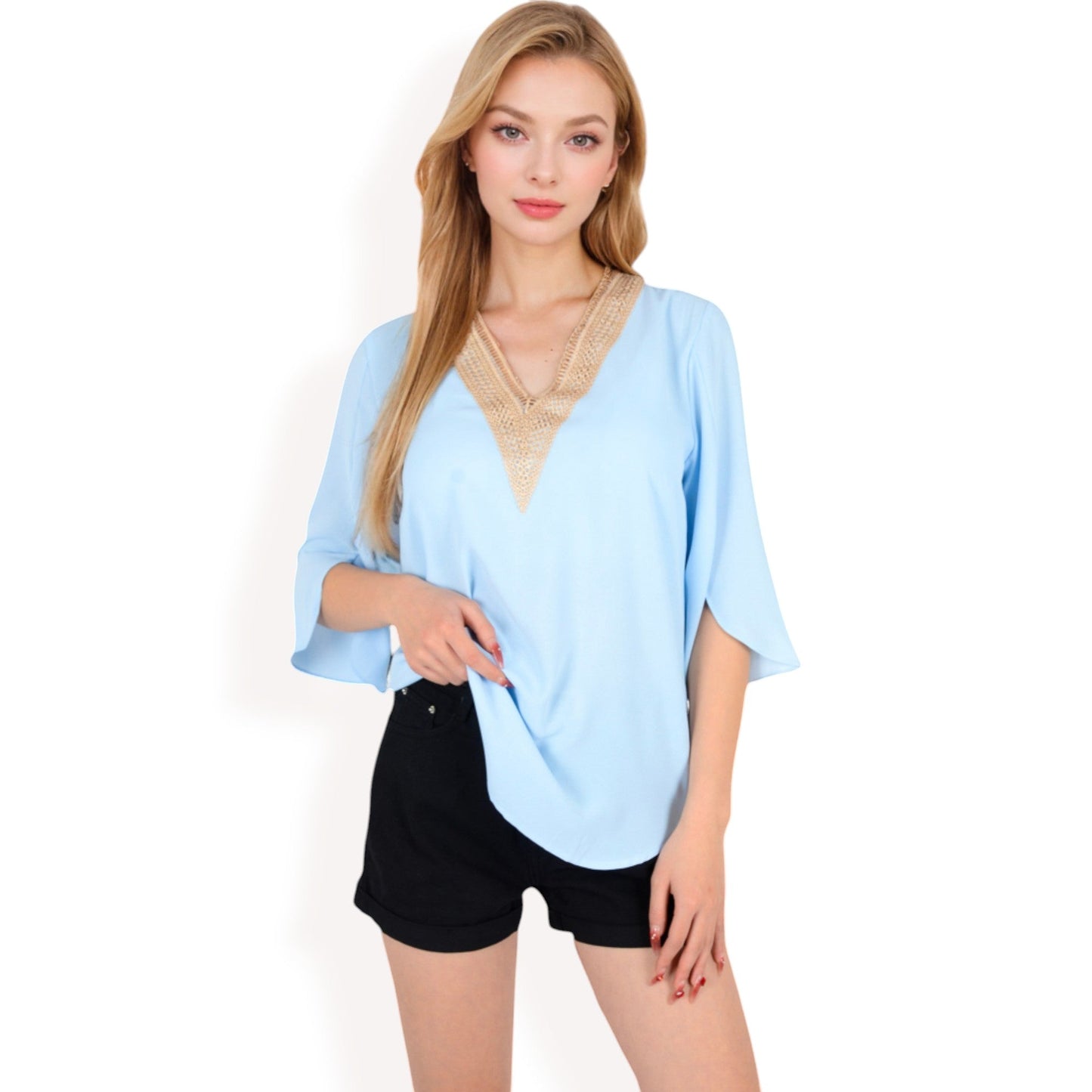 Split Sleeve V-Neck Blouse with Crochet Detail