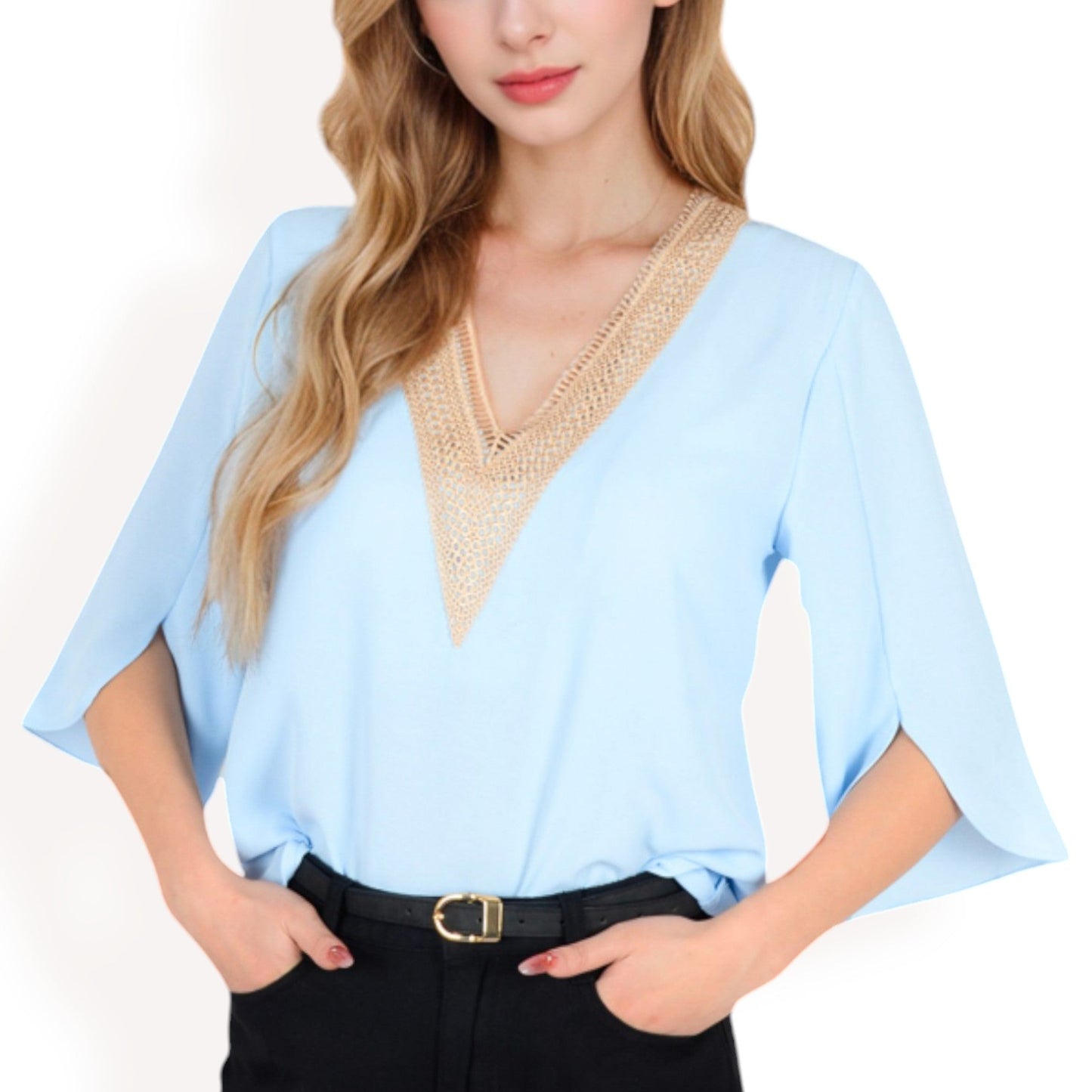 Split Sleeve V-Neck Blouse with Crochet Detail