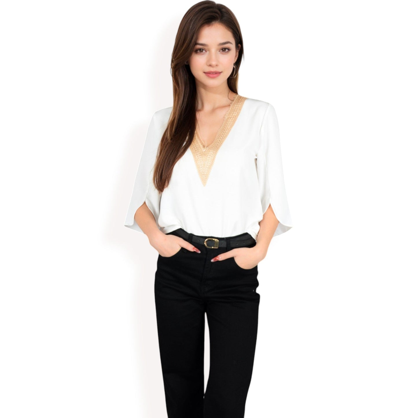 Split Sleeve V-Neck Blouse with Crochet Detail