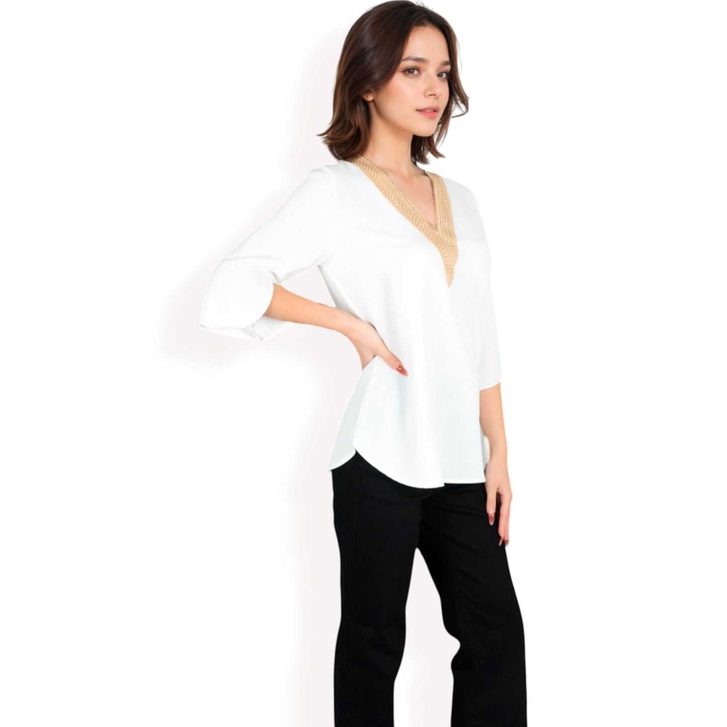 Split Sleeve V-Neck Blouse with Crochet Detail