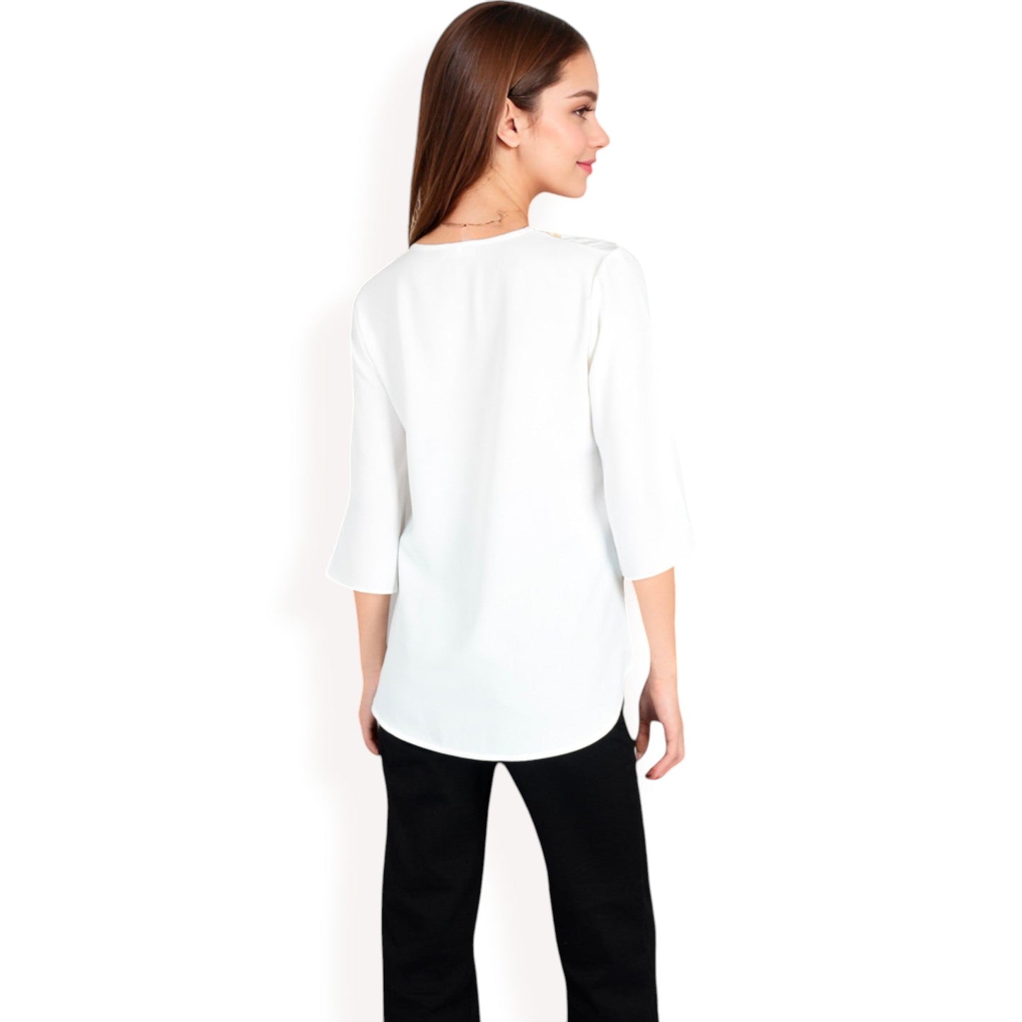 Split Sleeve V-Neck Blouse with Crochet Detail
