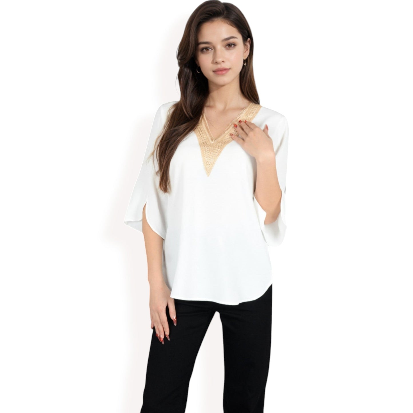 Split Sleeve V-Neck Blouse with Crochet Detail