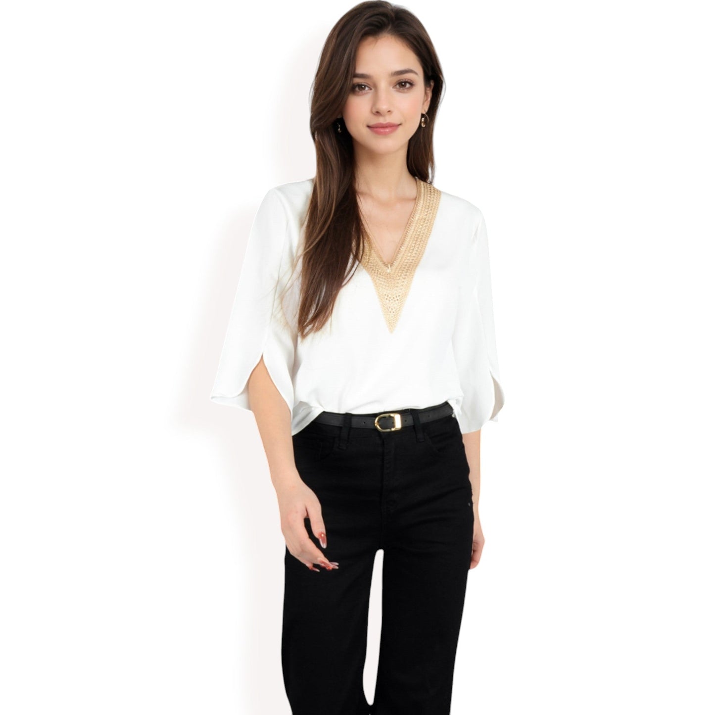 Split Sleeve V-Neck Blouse with Crochet Detail