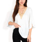 Split Sleeve V-Neck Blouse with Crochet Detail