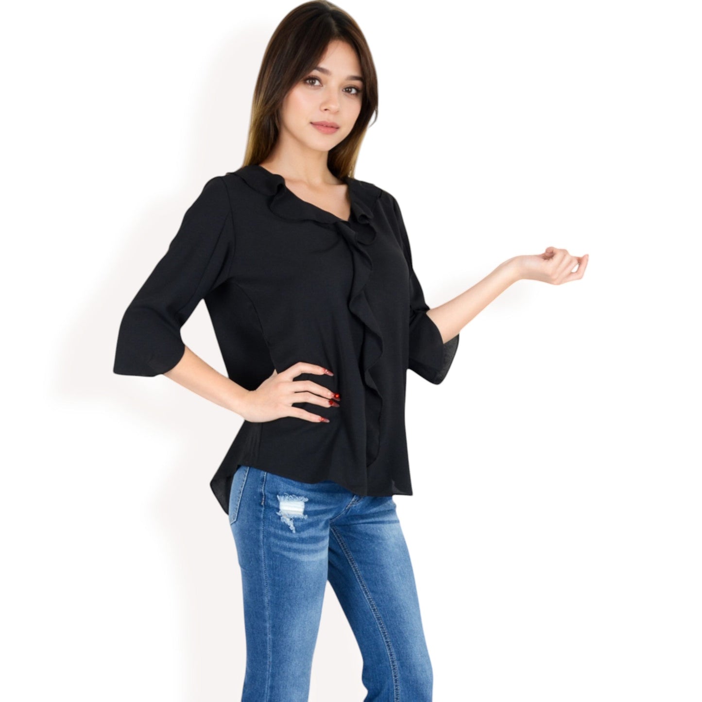 Ruffle Front Blouse with 3/4 Split Sleeves