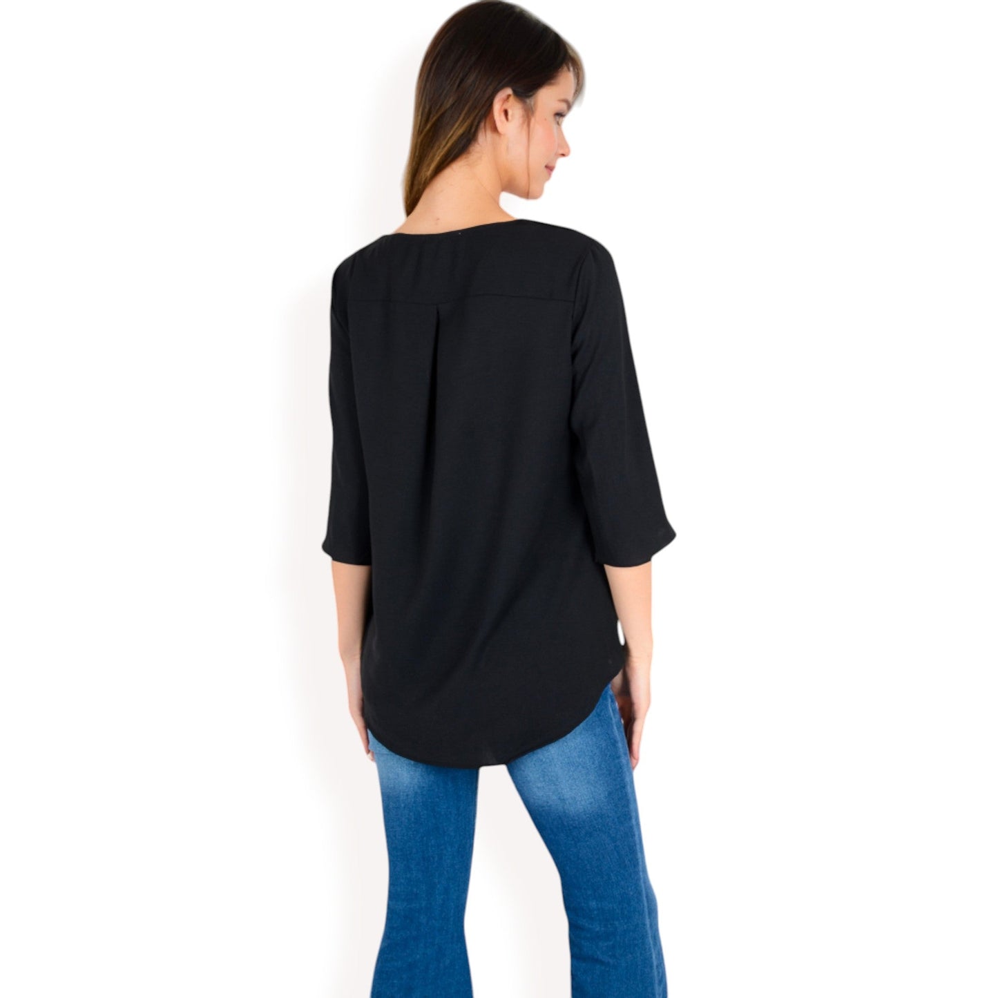 Ruffle Front Blouse with 3/4 Split Sleeves
