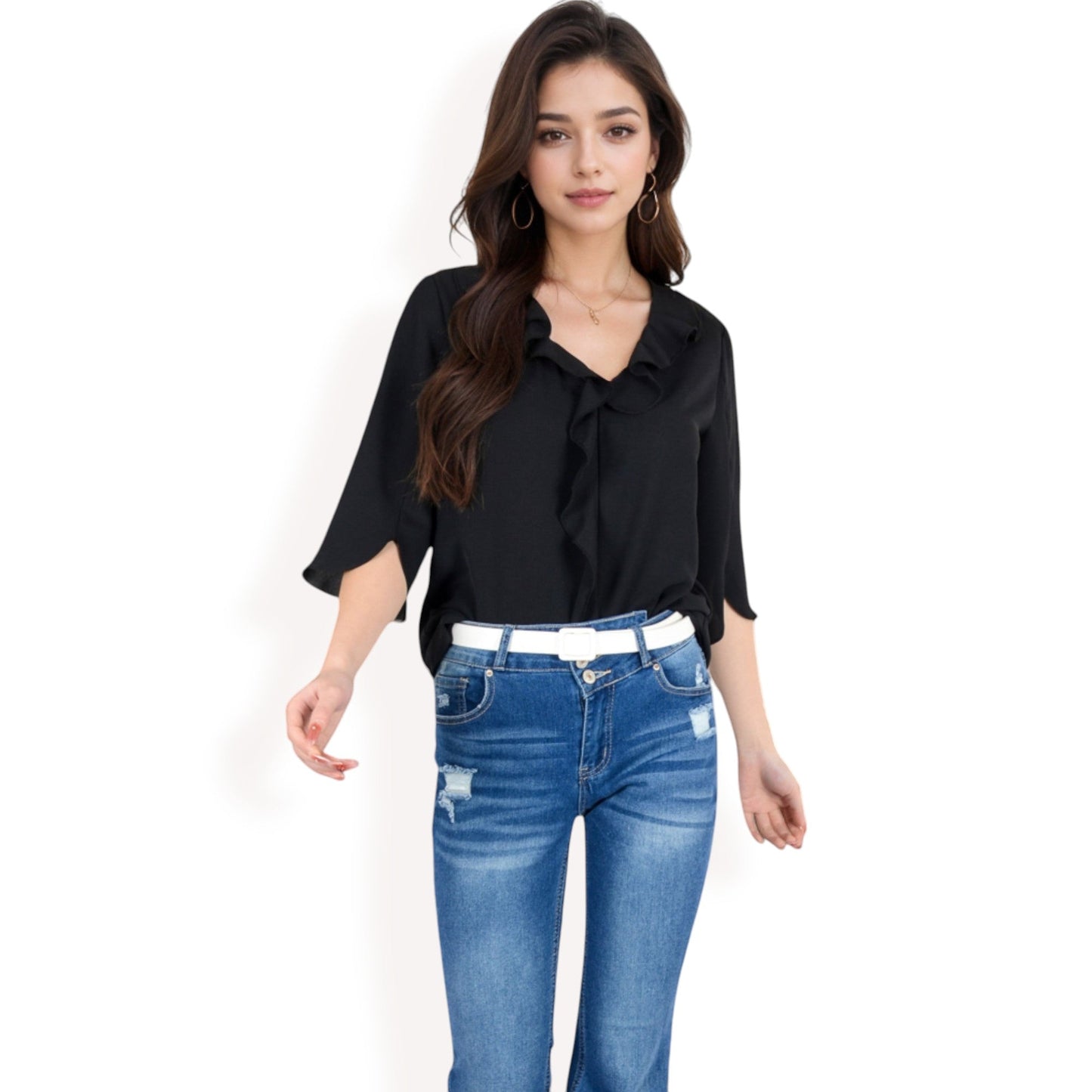 Ruffle Front Blouse with 3/4 Split Sleeves
