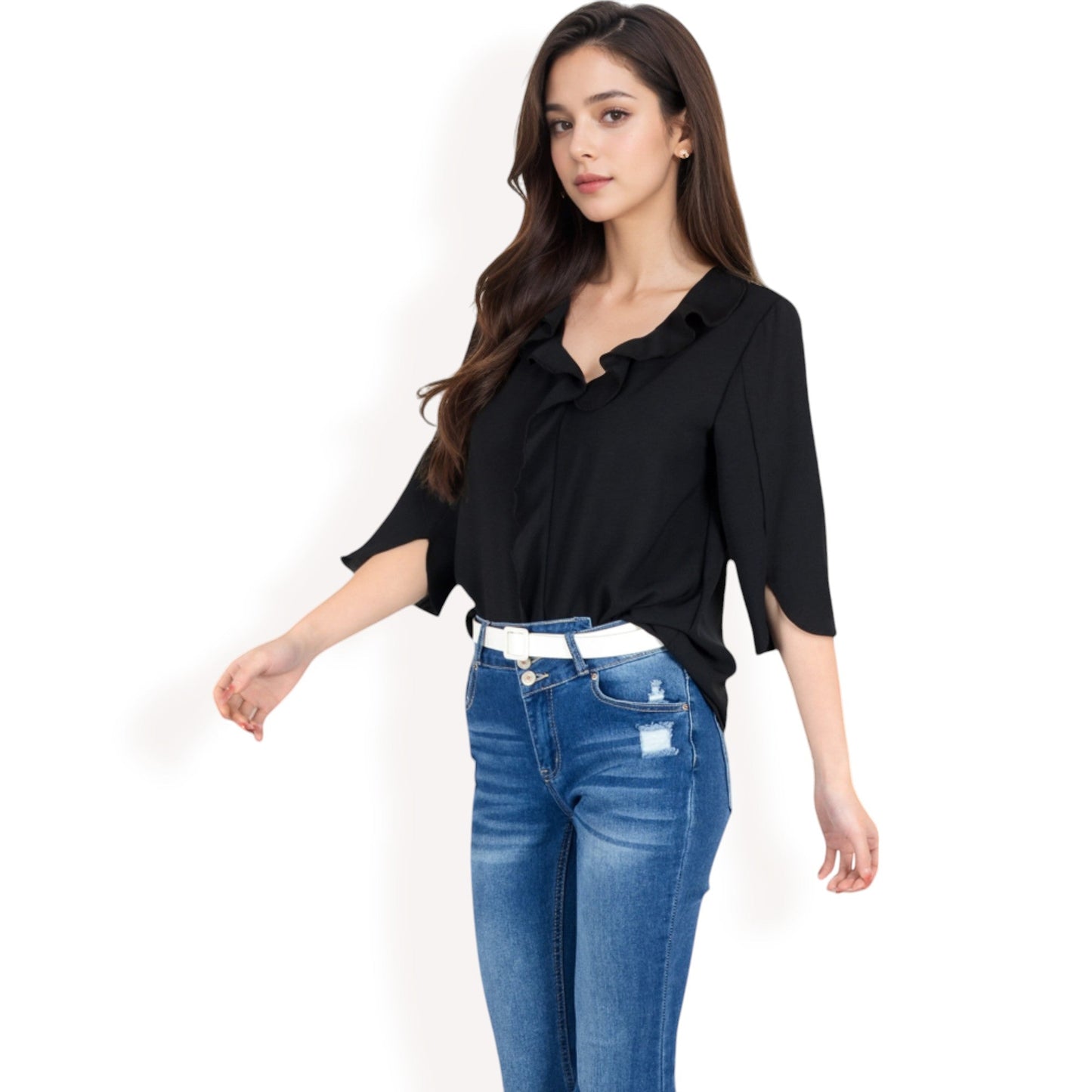 Ruffle Front Blouse with 3/4 Split Sleeves