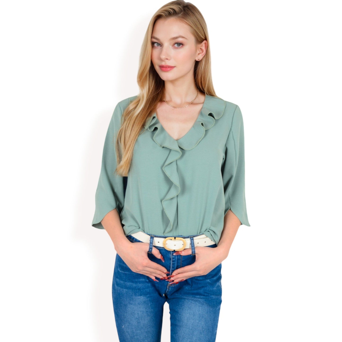 Ruffle Front Blouse with 3/4 Split Sleeves