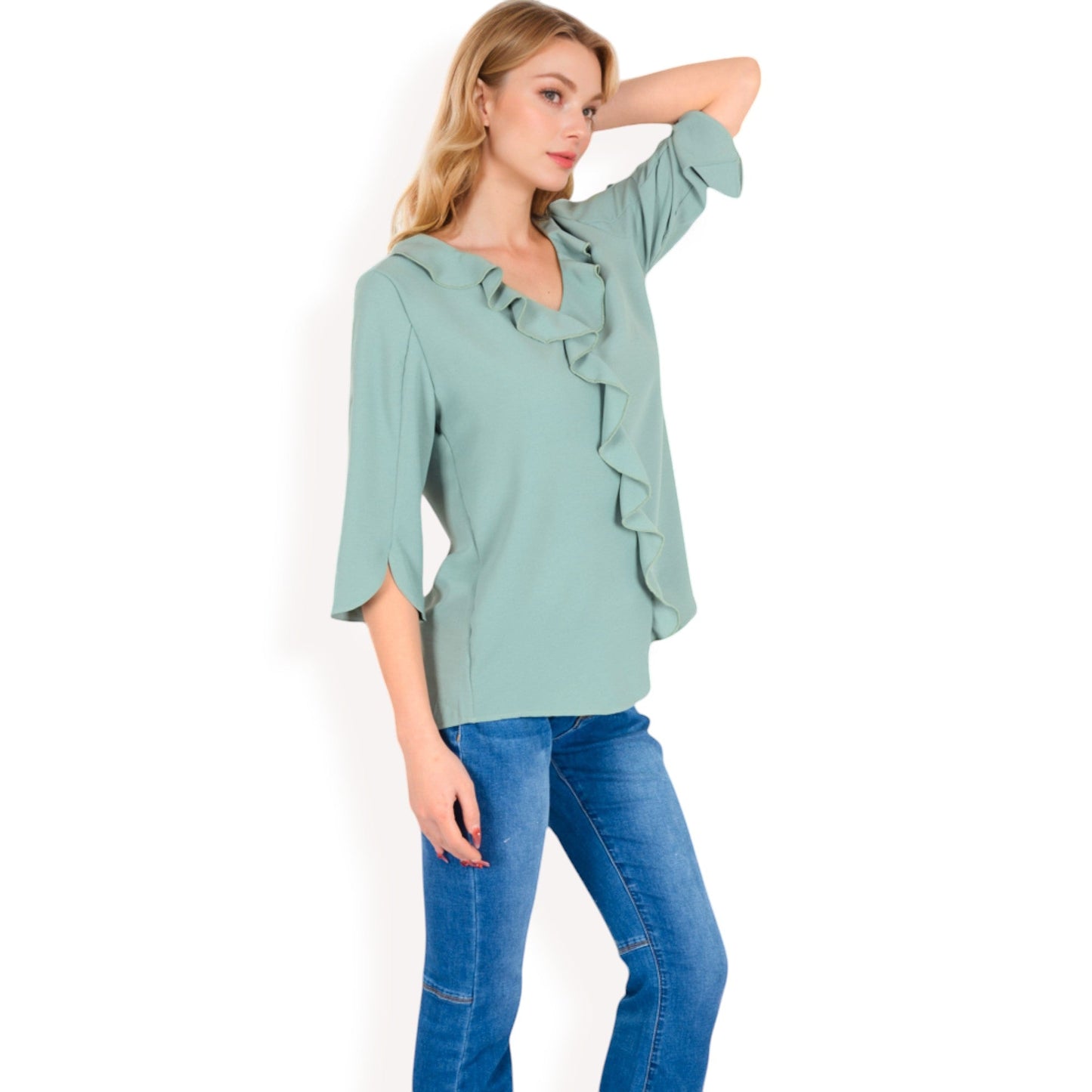 Ruffle Front Blouse with 3/4 Split Sleeves