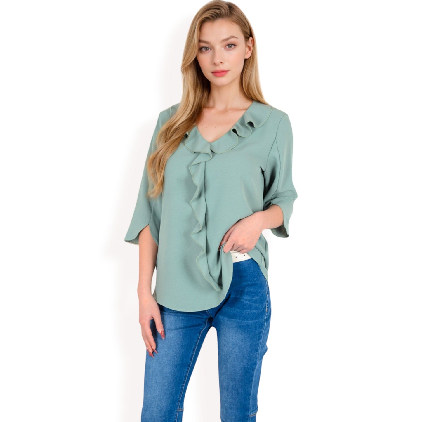 Ruffle Front Blouse with 3/4 Split Sleeves