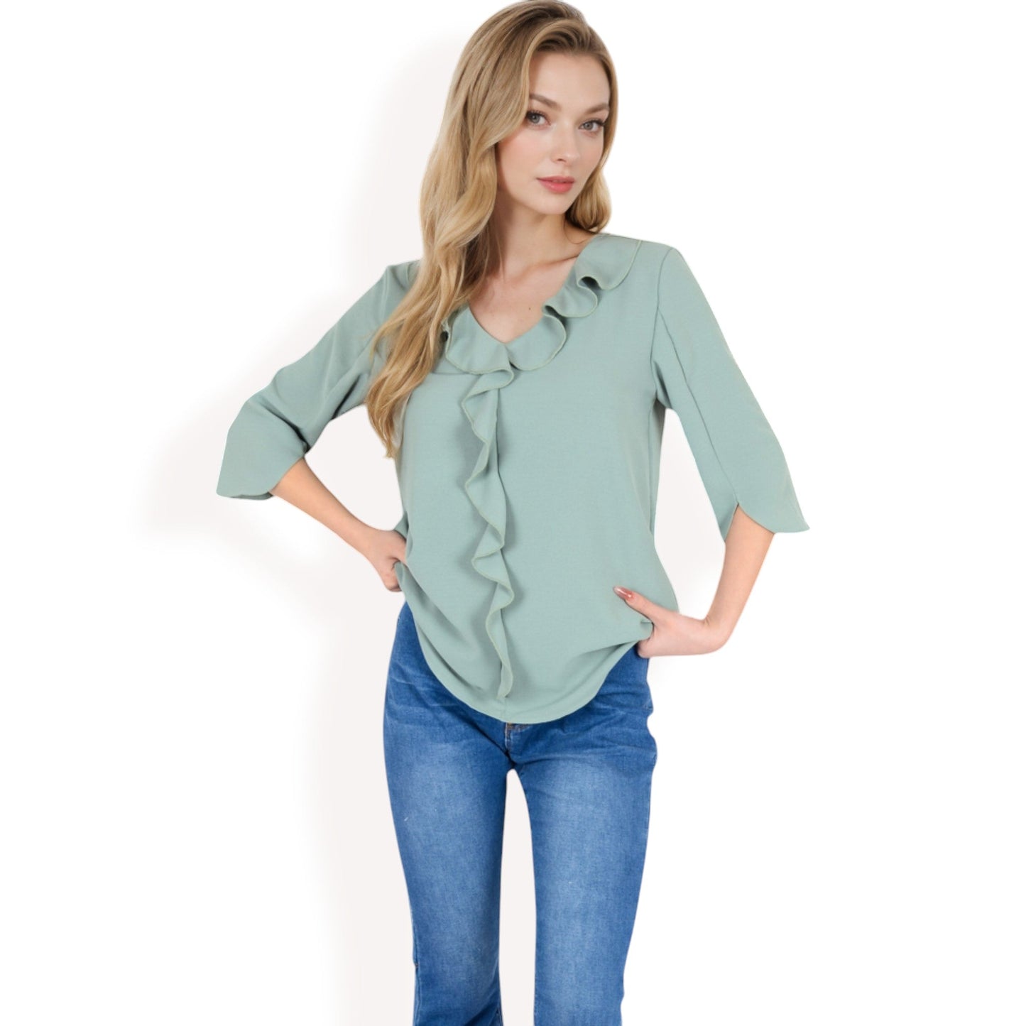 Ruffle Front Blouse with 3/4 Split Sleeves