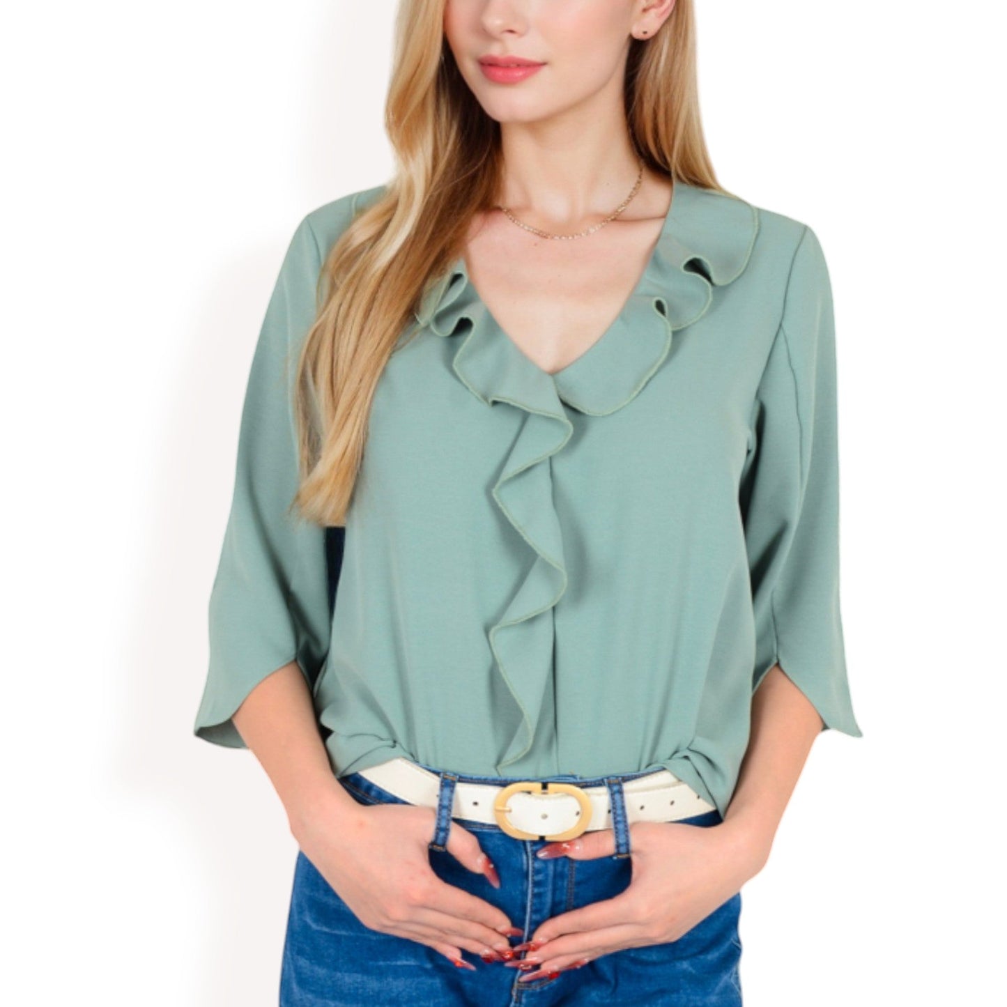 Ruffle Front Blouse with 3/4 Split Sleeves