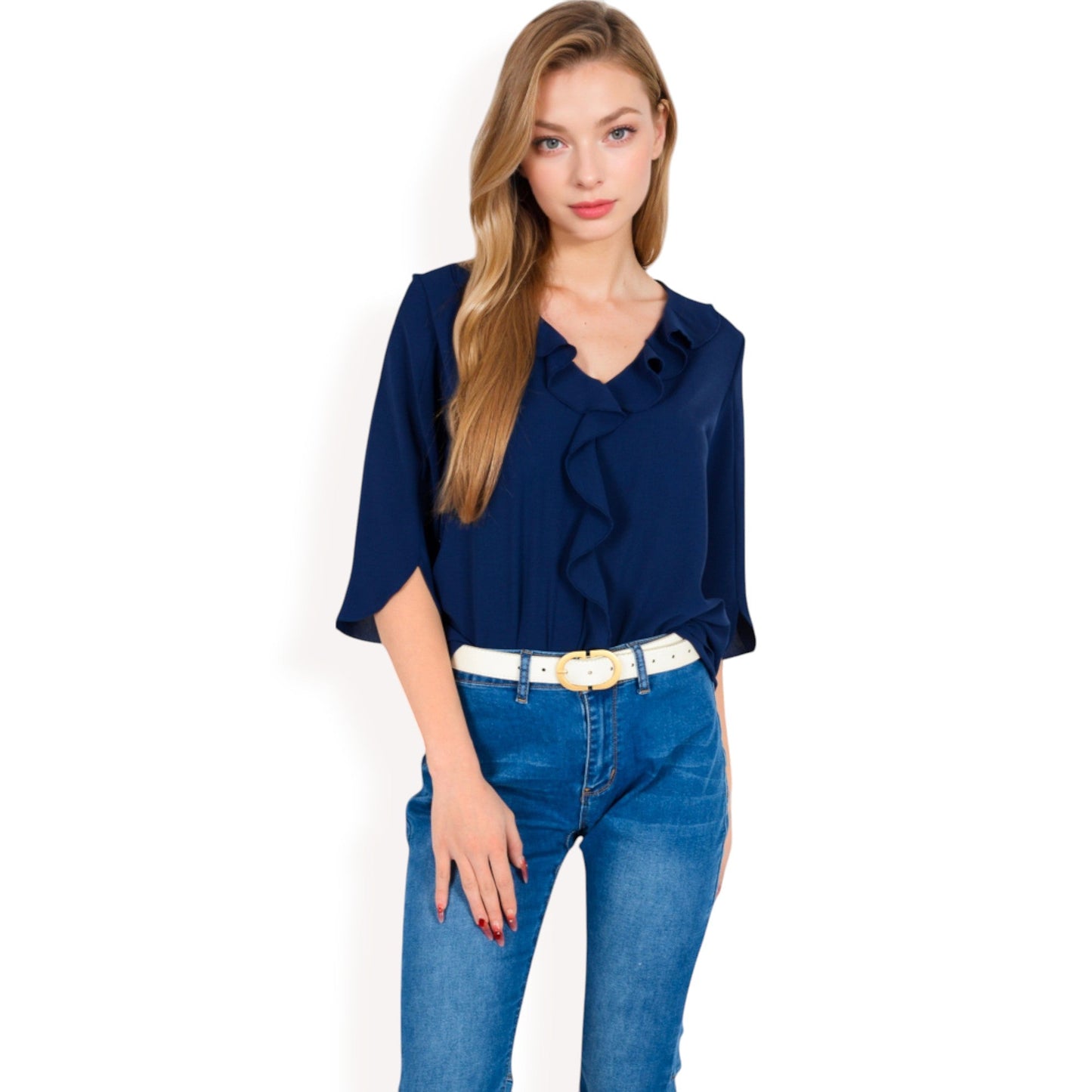 Ruffle Front Blouse with 3/4 Split Sleeves