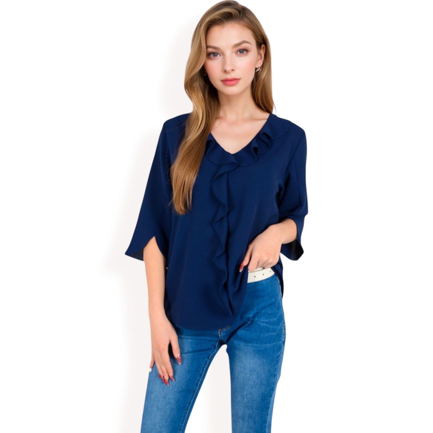 Ruffle Front Blouse with 3/4 Split Sleeves