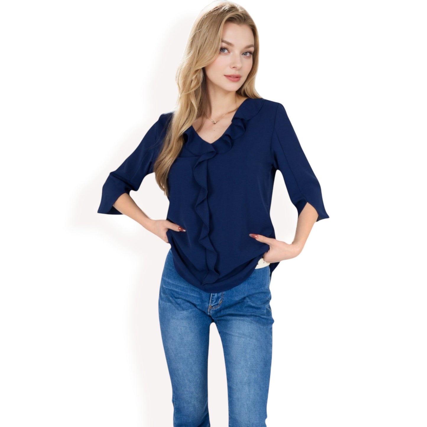 Ruffle Front Blouse with 3/4 Split Sleeves