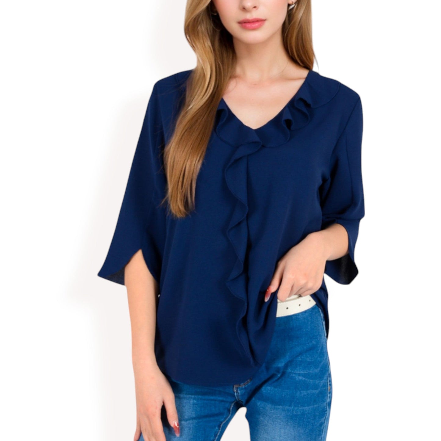Ruffle Front Blouse with 3/4 Split Sleeves
