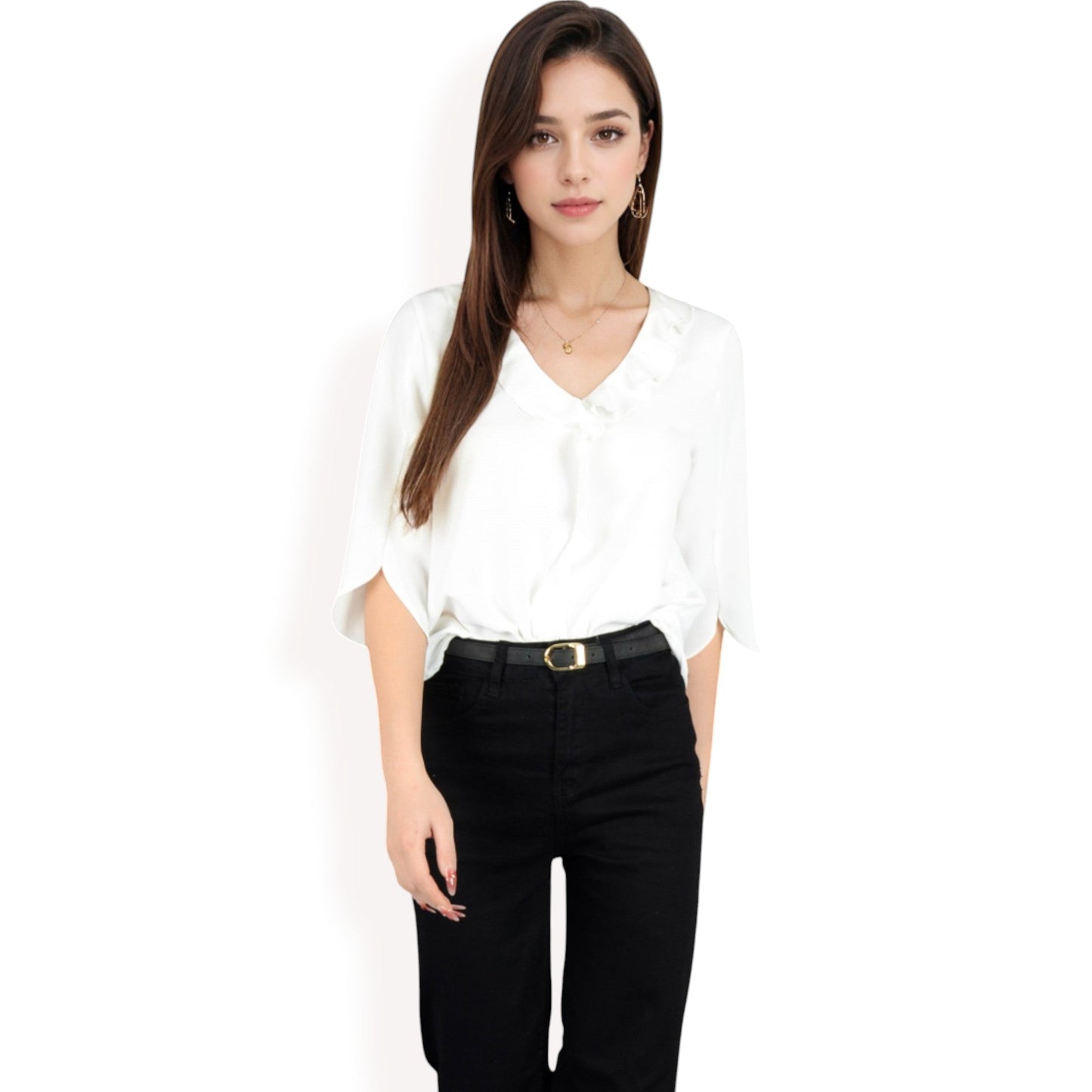 Ruffle Front Blouse with 3/4 Split Sleeves
