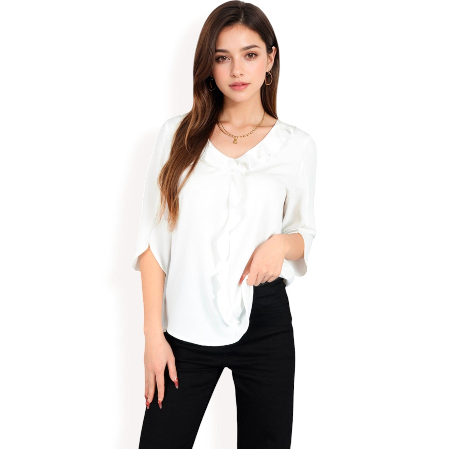 Ruffle Front Blouse with 3/4 Split Sleeves