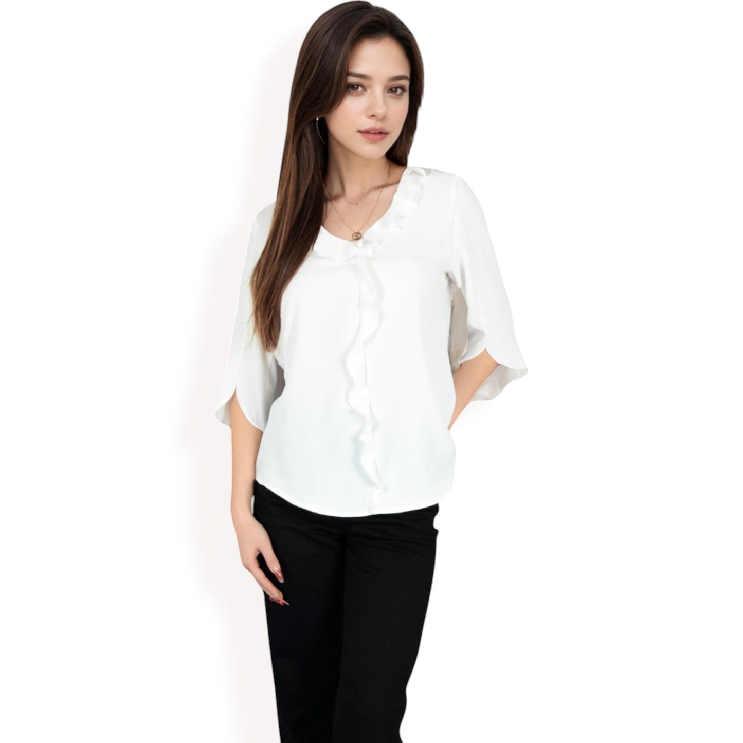 Ruffle Front Blouse with 3/4 Split Sleeves