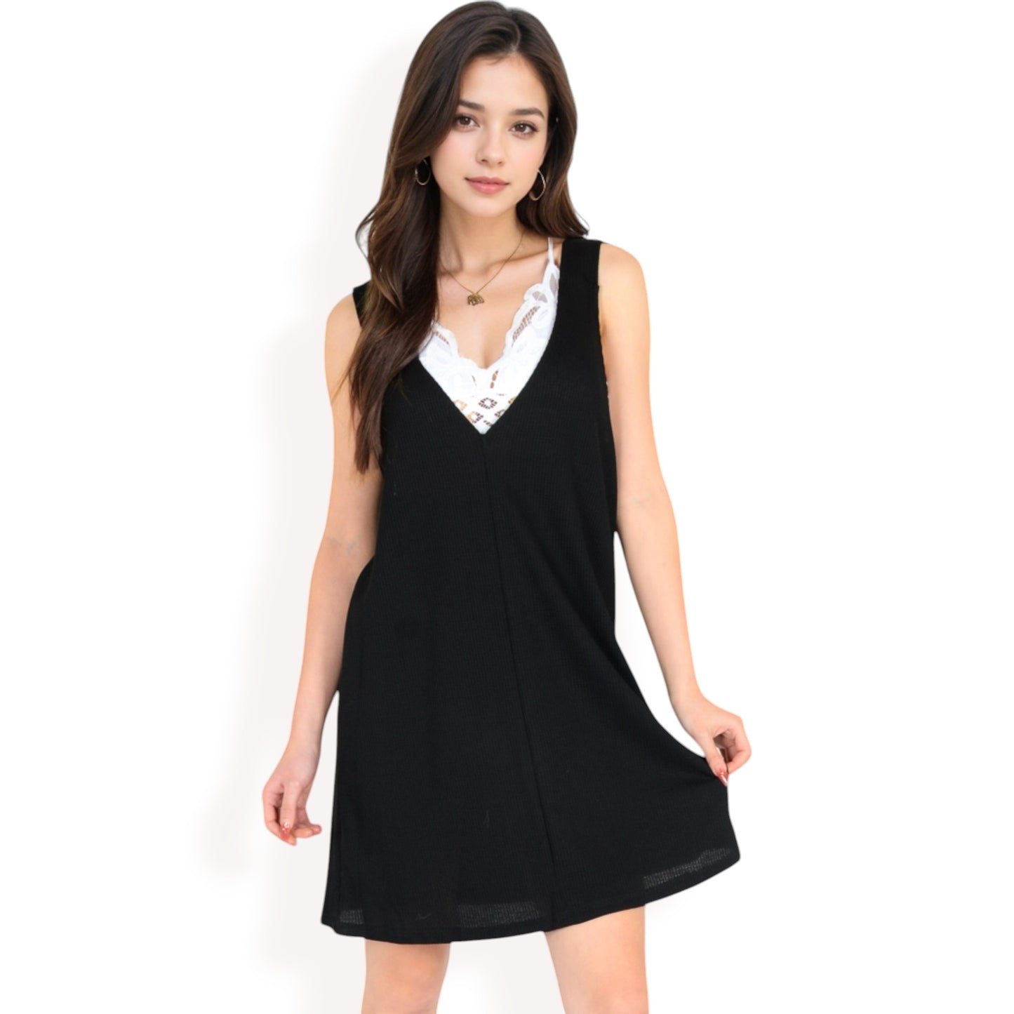 Sleeveless V-Neck Waffle Knit A-Line Dress