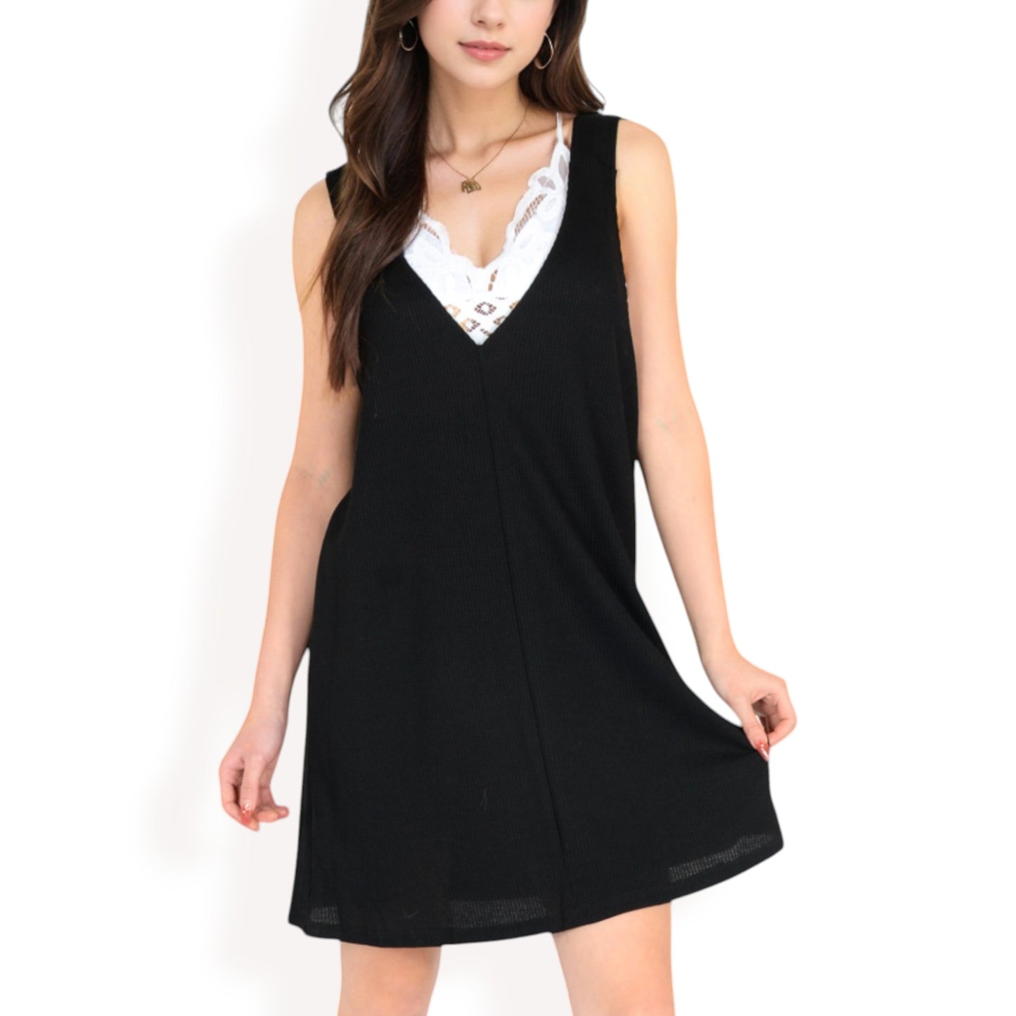 Sleeveless V-Neck Waffle Knit A-Line Dress