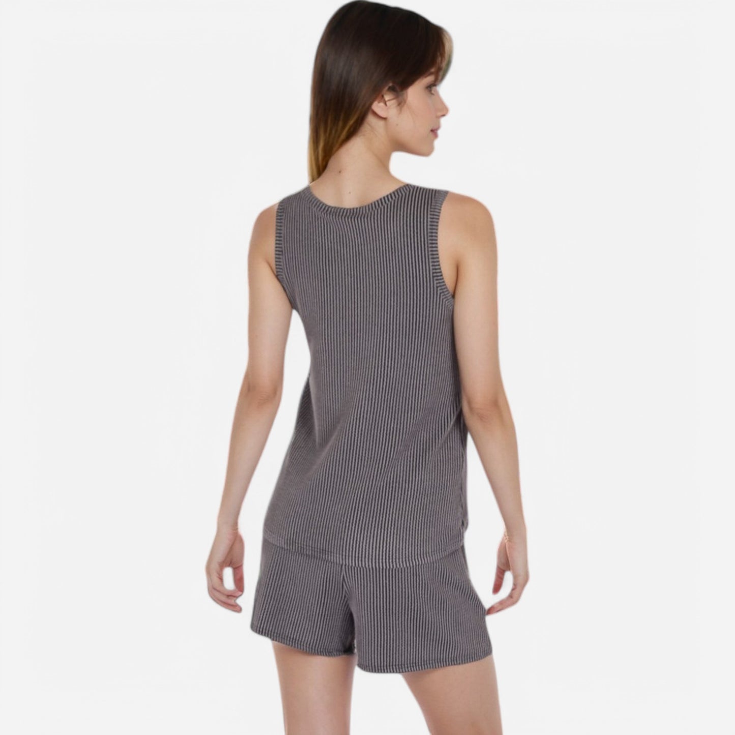 Women's Sleeveless Ribbed Lounge Set with Elastic Waist Shorts and Relaxed Fit