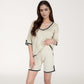Knit Lounge Set with V-Neck Top and Drawstring Shorts Featuring Contrast Trim