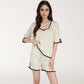 Knit Lounge Set with V-Neck Top and Drawstring Shorts Featuring Contrast Trim