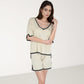 Knit Lounge Set with V-Neck Top and Drawstring Shorts Featuring Contrast Trim