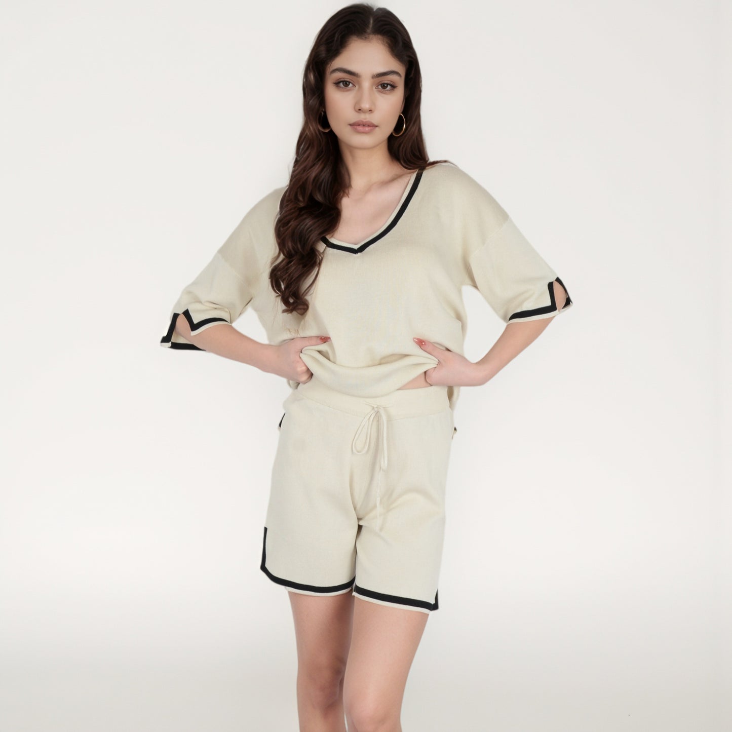 Knit Lounge Set with V-Neck Top and Drawstring Shorts Featuring Contrast Trim