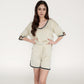 Knit Lounge Set with V-Neck Top and Drawstring Shorts Featuring Contrast Trim