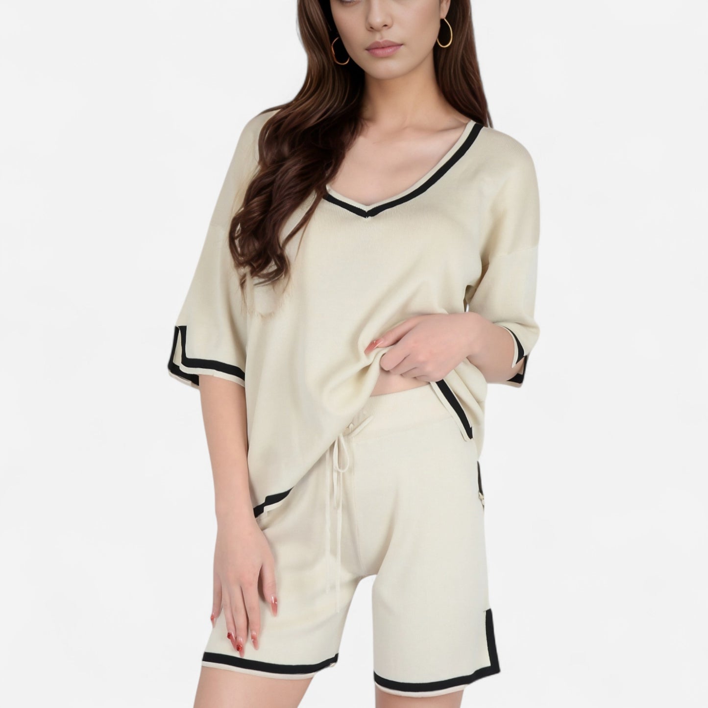 Knit Lounge Set with V-Neck Top and Drawstring Shorts Featuring Contrast Trim