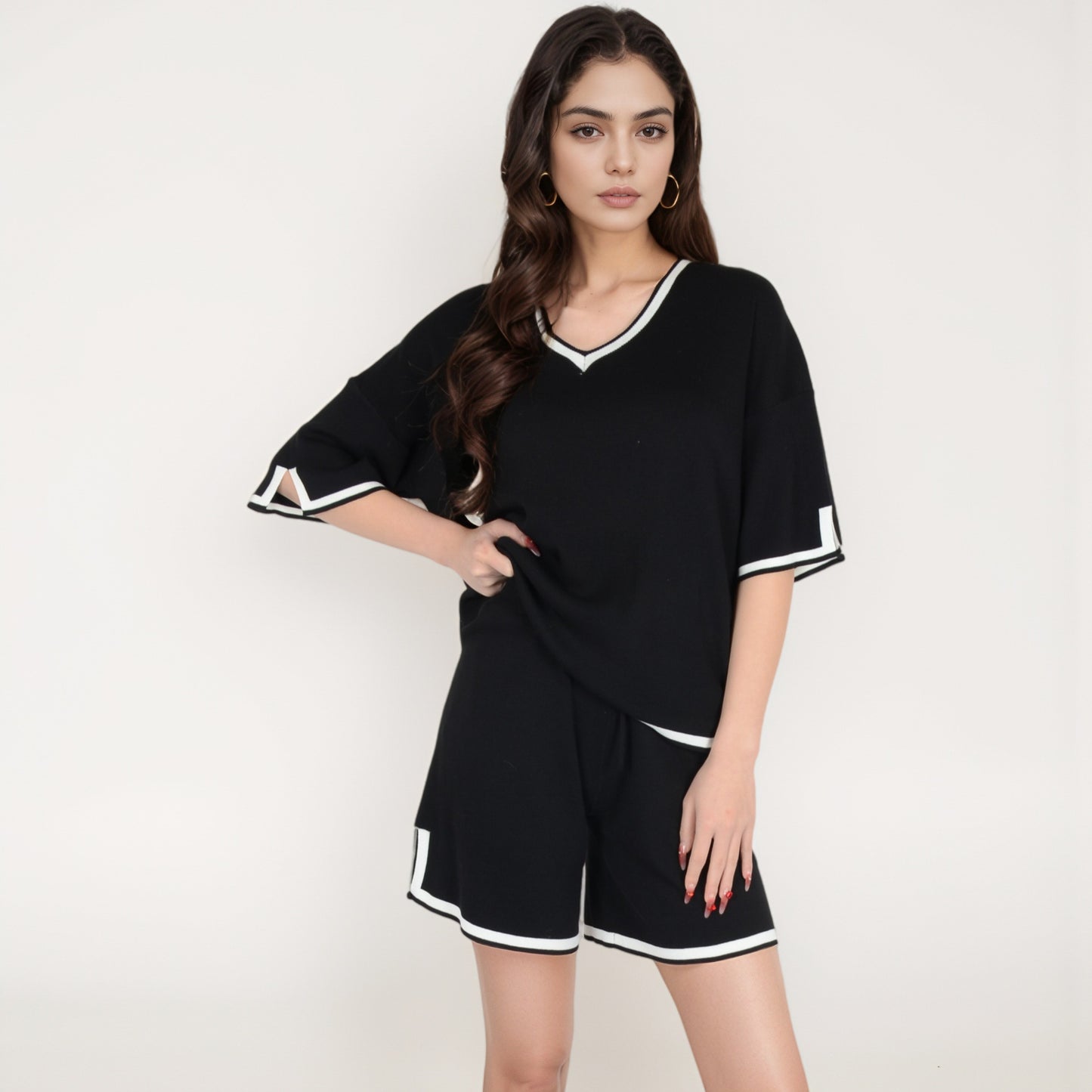 Knit Lounge Set with V-Neck Top and Drawstring Shorts Featuring Contrast Trim