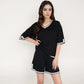 Knit Lounge Set with V-Neck Top and Drawstring Shorts Featuring Contrast Trim