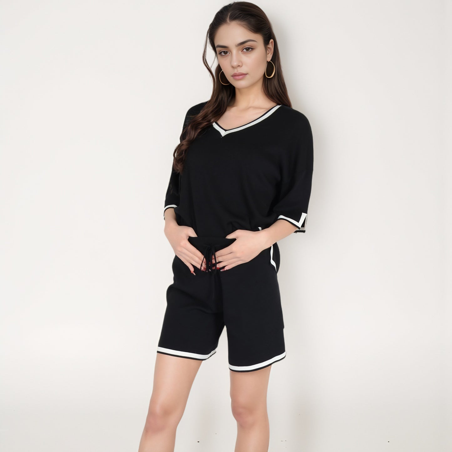 Knit Lounge Set with V-Neck Top and Drawstring Shorts Featuring Contrast Trim