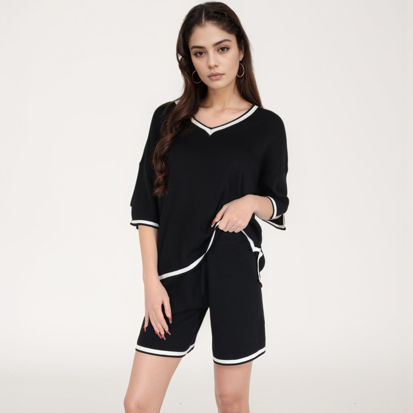 Knit Lounge Set with V-Neck Top and Drawstring Shorts Featuring Contrast Trim