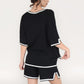 Knit Lounge Set with V-Neck Top and Drawstring Shorts Featuring Contrast Trim