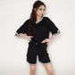 Knit Lounge Set with V-Neck Top and Drawstring Shorts Featuring Contrast Trim