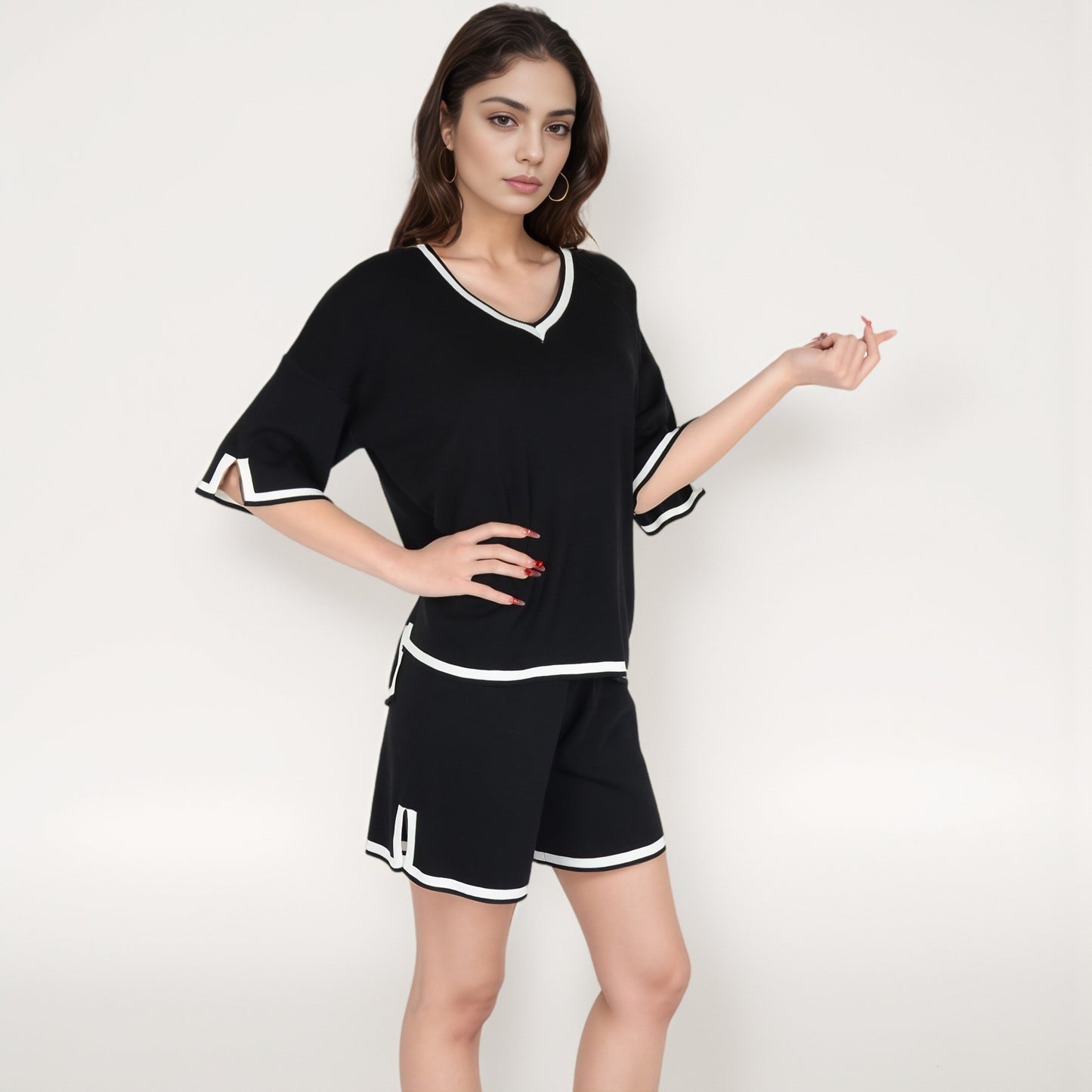 Knit Lounge Set with V-Neck Top and Drawstring Shorts Featuring Contrast Trim