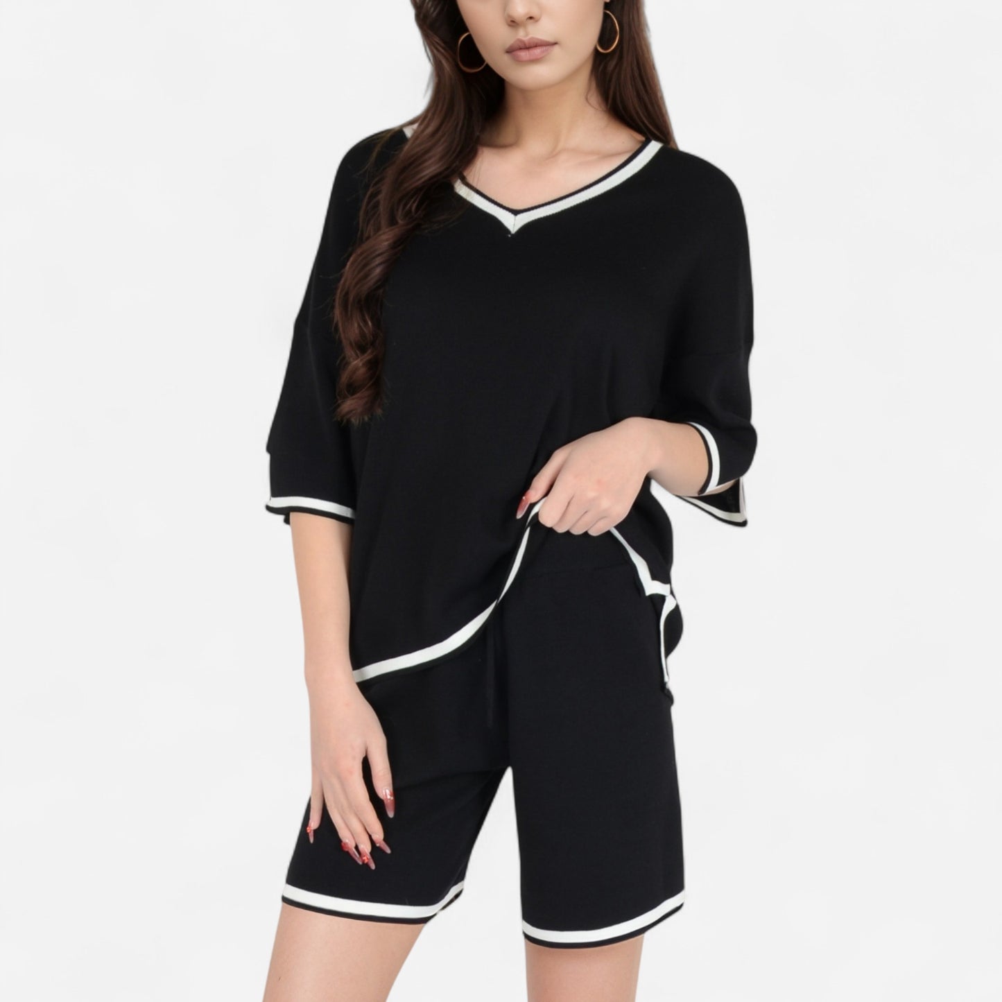 Knit Lounge Set with V-Neck Top and Drawstring Shorts Featuring Contrast Trim