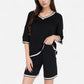 Knit Lounge Set with V-Neck Top and Drawstring Shorts Featuring Contrast Trim