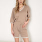 Knit Lounge Set with V-Neck Top and Drawstring Shorts Featuring Contrast Trim