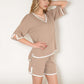Knit Lounge Set with V-Neck Top and Drawstring Shorts Featuring Contrast Trim