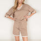 Knit Lounge Set with V-Neck Top and Drawstring Shorts Featuring Contrast Trim