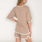 Knit Lounge Set with V-Neck Top and Drawstring Shorts Featuring Contrast Trim