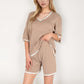 Knit Lounge Set with V-Neck Top and Drawstring Shorts Featuring Contrast Trim