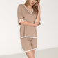 Knit Lounge Set with V-Neck Top and Drawstring Shorts Featuring Contrast Trim